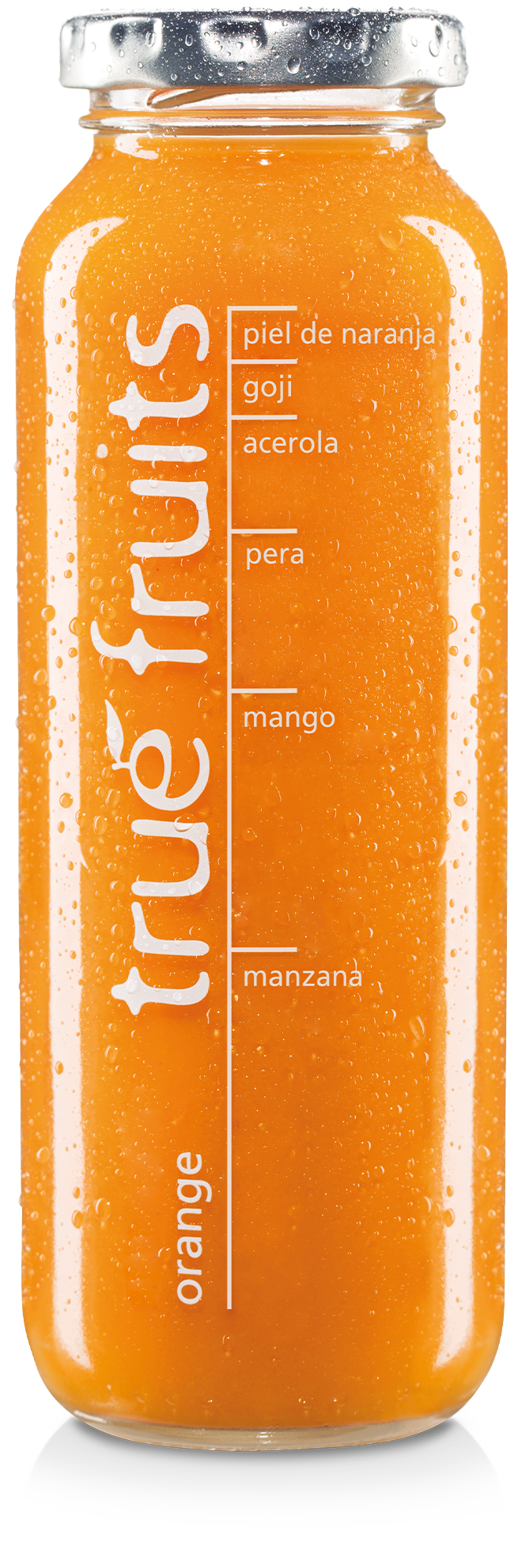 true fruits smoothie orange Einzelne Smoothieflasche des true fruits smoothies orange auf weißem Hintergrund