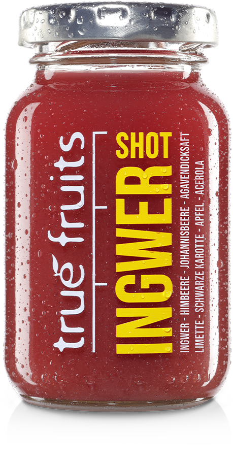true fruits ingwer shot red Einzelne Flasche des true fruits Shot red auf weißem Hintergrund