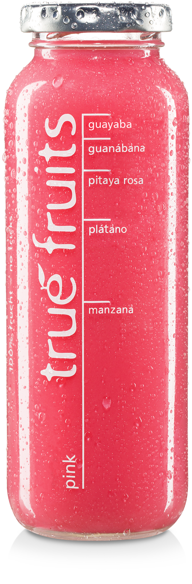 true fruits smoothie pink Einzelne Smoothieflasche des true fruits smoothies pink auf weißem Hintergrund