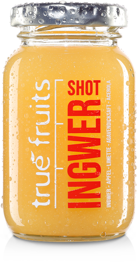 true fruits ingwer shot yellow Einzelne Flasche des true fruits Shot yellow auf weißem Hintergrund