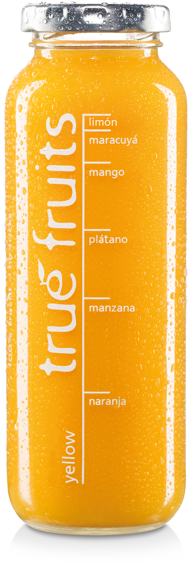 true fruits smoothie yellow Einzelne Smoothieflasche des true fruits smoothies yellow auf weißem Hintergrund