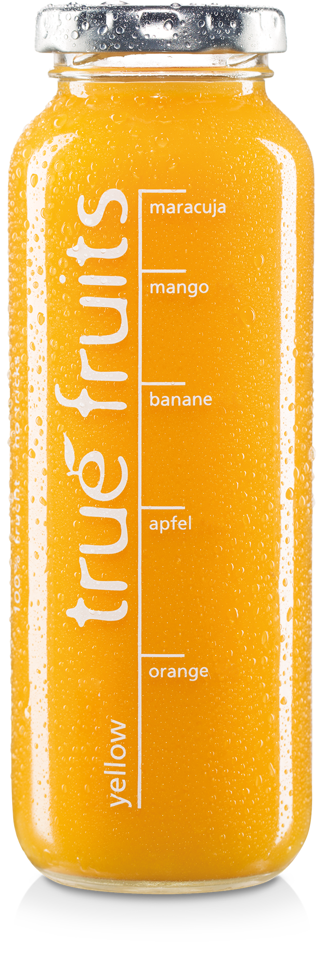 true fruits smoothie yellow Einzelne Smoothieflasche des true fruits smoothies yellow auf weißem Hintergrund