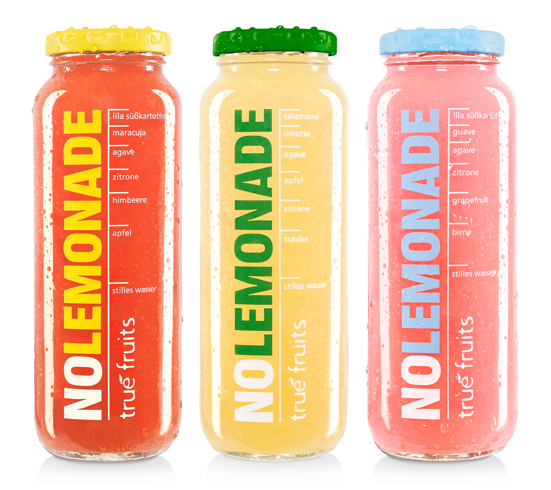 true fruits NoLemonade – red, yellow & pink true fruits NoLemonade Sorten red, yellow und pink in Glasflaschen nebeneinander vor weißem Hintergrund