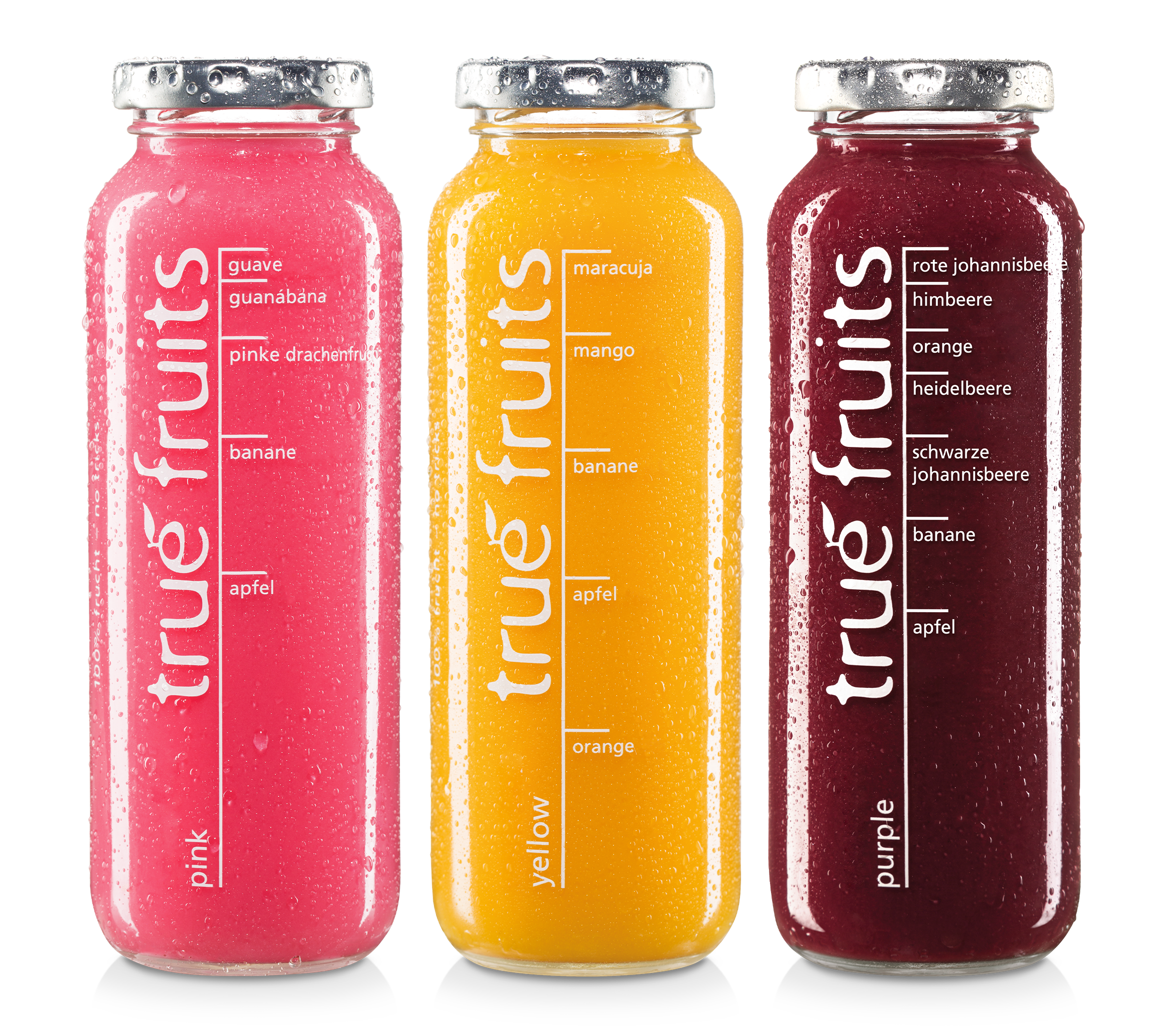 true fruits smoothies – pink, yellow & purple true fruits smoothies pink, yellow und purple in Glasflaschen vor weißem Hintergrund